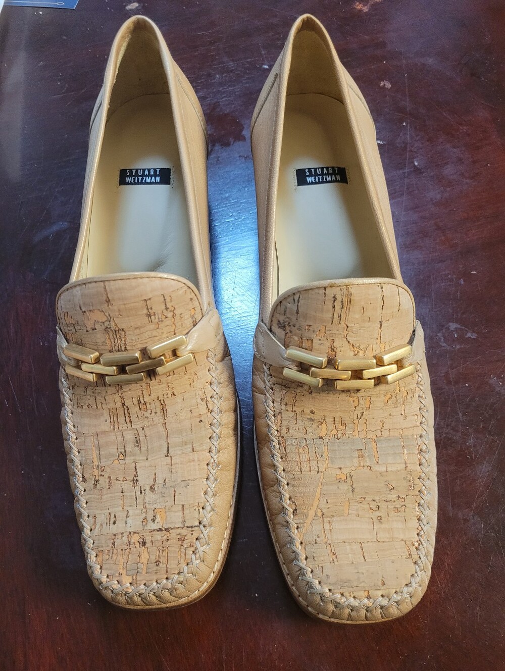 Stuart Weitzman Tan Cork-Textured Leather Loafers with Gold Chain
